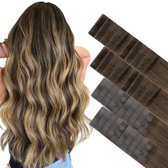 GOO GOO Invisi Edge Tape in Hair Extensions Human Hair, 4/27/4 Balayage Chocolate Brown to Caramel Blonde 20pcs injected with 20pcs classical tape ins, 24inch 100g, Virgin Remy Hair, Natural Look