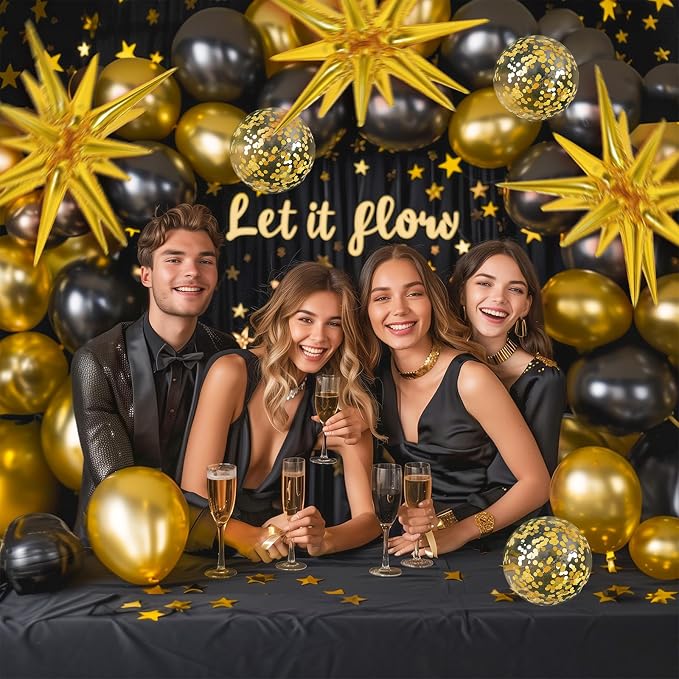 RUBFAC Black and Gold Balloons Arch Kit 140pcs | Black Star Latex Balloons - Image 8