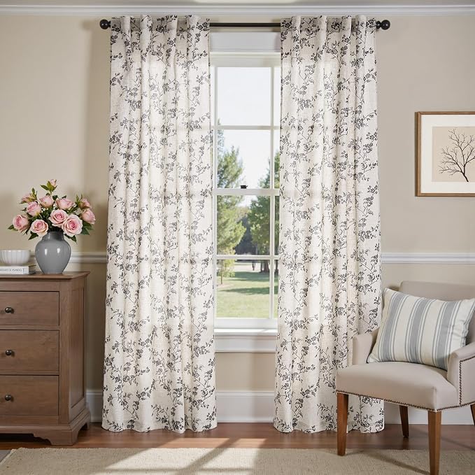 jinchan Black Floral Linen Curtains 84 Inch Rustic Drapes Back Tab 2 Panels | - Image 2