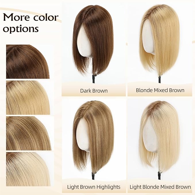 Large MONO Top Hair Toppers for Women Remy Human Hair 14 Inch 6"x7" Big Base Partial wig Cover Thinning Hair or Loss No Bangs Natural Wiglets(Light Blonde Mixed Brown)