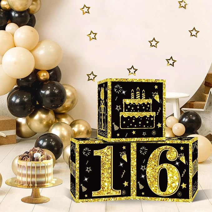 Eiurteao 3pcs Black Gold 16th Birthday Decorations Boxes - Image 6