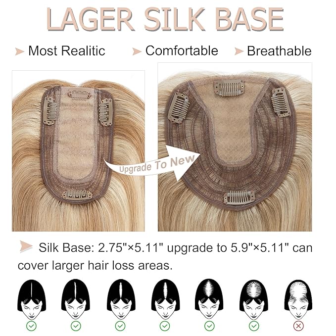 Hair Toppers for Women Real Human Hair No Bangs, 13 * 15 cm Larger Silk Base 150% Density Clip In Topper Hairpieces, Wiglet Top Pieces Add Volume -12 Inch 12 P613 Golden Brown&Bleach Blonde