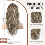 FLUFYMOOZ Ponytail Extension, 18 Inch Claw Clip Ponytail Extension, Wavy Curly Claw Clip in Ponytail Hair Extensions, Natural Ponytail Synthetic Hairpiece for Women (Ash Brown with Blonde Highlights)