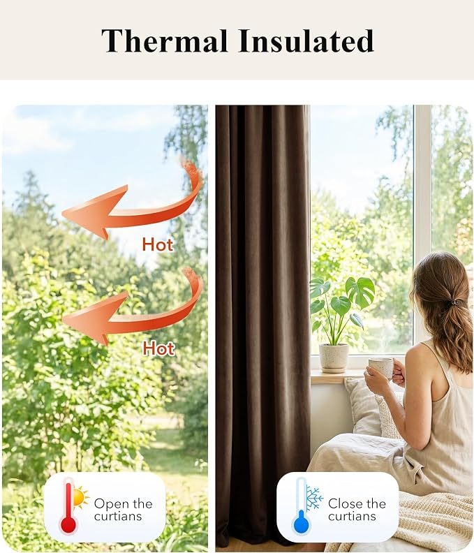 Brown Velvet Curtains Blackout for Living Room, W52 x L108, 2 Panels | 300GSM - Image 6
