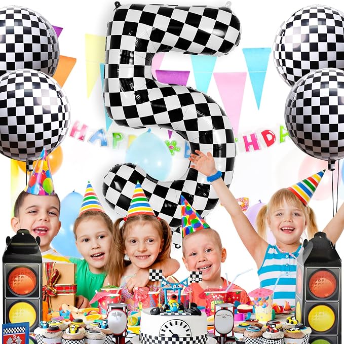 Checkered Number 5 Balloon 40 Inch, Large Foil Black and White Number Balloons - Image 4