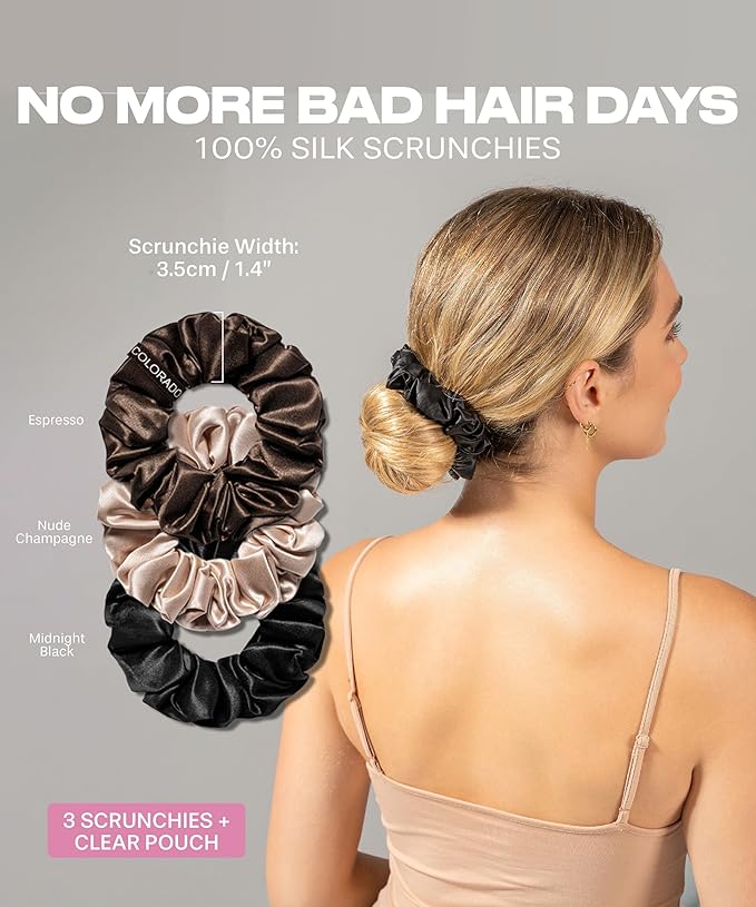 SUNDAYSILKS™ Luxurious Mulberry Silk Scrunchies for Women & Girls | No-Slip, Silky Hair Ties for Natural, Curly, Thin or Thick Hair | Gentle Hold for Ponytails & Sleep | Mini to Large Sizes [3 Pack]