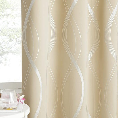 NICETOWN Blackout Curtains 90" Long 2 Panels, Biscotti Beige, Foil Printed Wave by NICETOWN