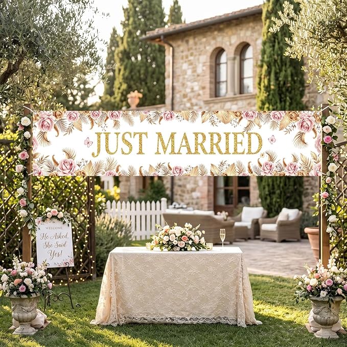 Just Married Wedding Decor Banner Decorations Party Hanging Sign | Reusable - Image 3