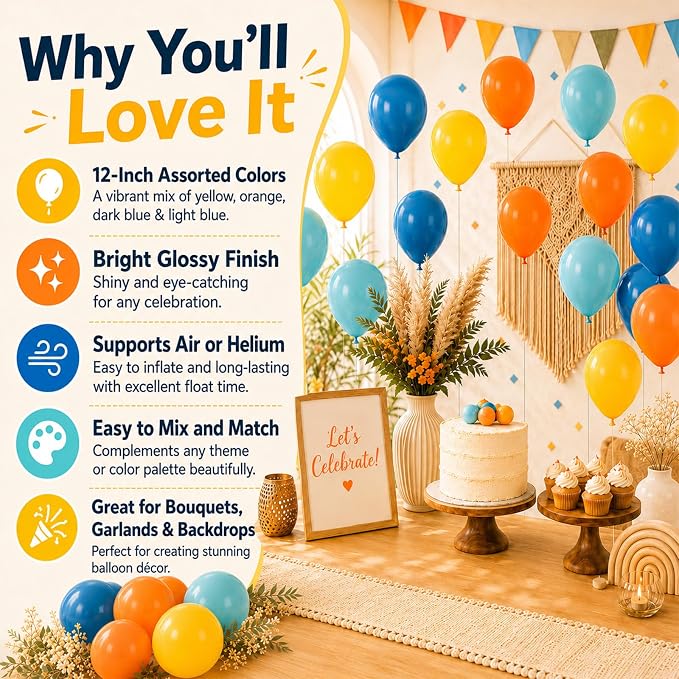 Retro Blue Yellow Orange Balloons, 12 Inch here come balloon Blue and Orange - Image 2