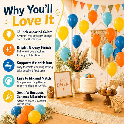 Retro Blue Yellow Orange Balloons, 12 Inch here come balloon Blue and Orange - Image 2