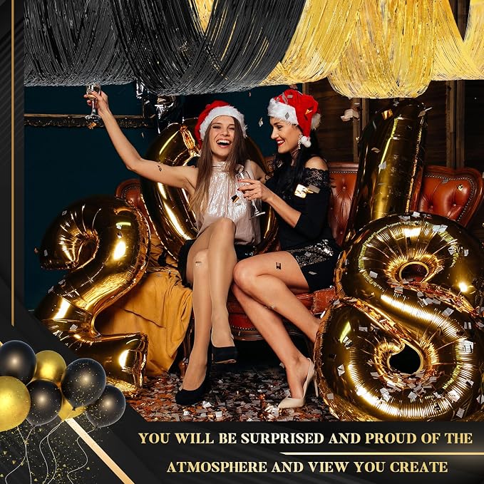 8 Pcs 15ft Gold Black Metallic Foil Ceiling Fringe Curtains, Graduation Party - Image 5