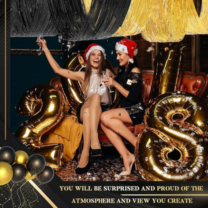 8 Pcs 15ft Gold Black Metallic Foil Ceiling Fringe Curtains, Graduation Party - Image 5