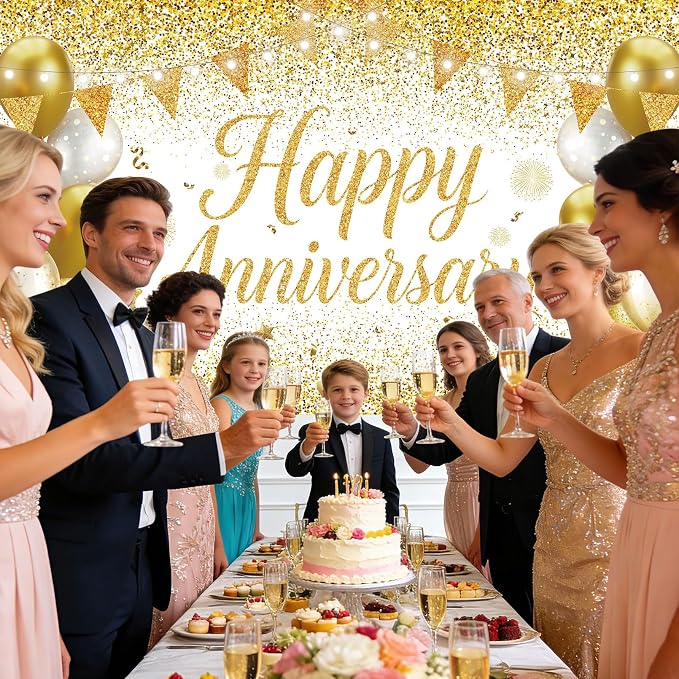 White Gold Happy Anniversary Banner Large Backdrop Decorations, Church or Work - Image 7