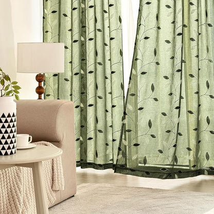 MIULEE Olive Green Sheer Curtains 2 Panels Leaf Patterned, W52 x L96 | - Image 3