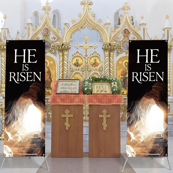 Hahafelt HE IS RISEN Banner for Church 24 x 72 Inch Easter Adjustable X-Stand - Image 6