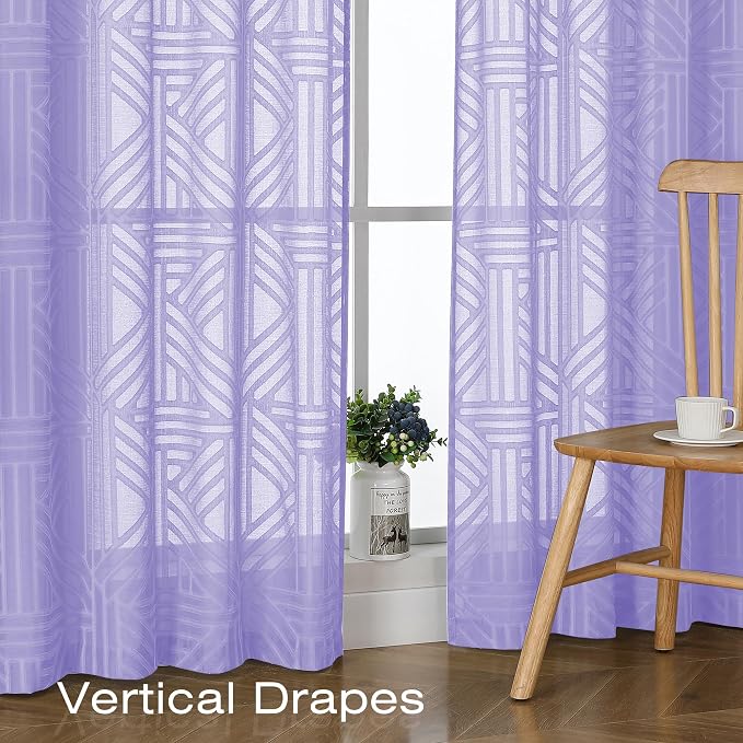 Simplebrand Lavender Semi Sheer Curtains 54 Inch Length 2 Panels, Geometric - Image 5