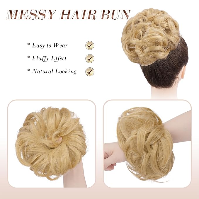 FESHFEN Messy Bun Hair Piece - Elastic Wavy Curly Hair Bun Scrunchies Extensions Synthetic Chignon Hairpieces for Women, Champagne Blonde 1.5 oz