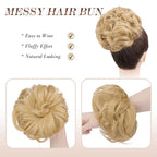 FESHFEN Messy Bun Hair Piece - Large Elastic Wavy Curly Hair Bun Scrunchies Ponytail Extensions Synthetic Chignon Hairpieces for Women, Champagne Blonde 1.94oz