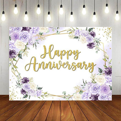 Happy Anniversary Backdrop 7x5ft Purple and White Flowers Anniversary Party - Image 5