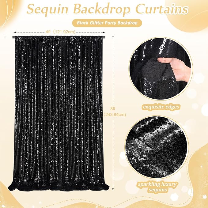 Black Sequin Backdrop Curtains, 2 Panels 4FTx8FT Black Curtain Backdrop Glitter - Image 3