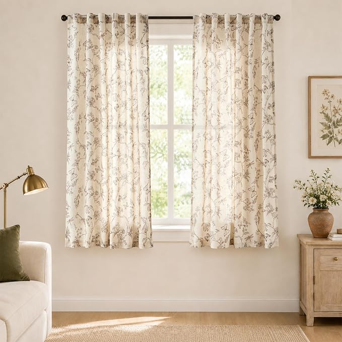 Taupe Floral Linen Curtains Farmhouse Rod Pocket 50W X 63L 2 Panels | Charlotte - Image 2