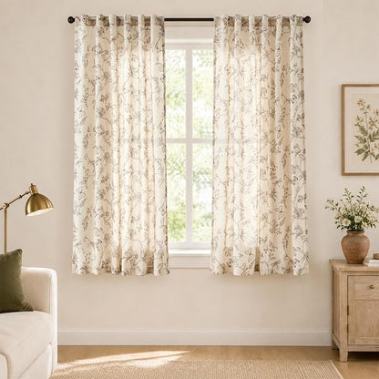 Taupe Floral Linen Curtains Farmhouse Rod Pocket 50W X 63L 2 Panels | Charlotte - Image 2