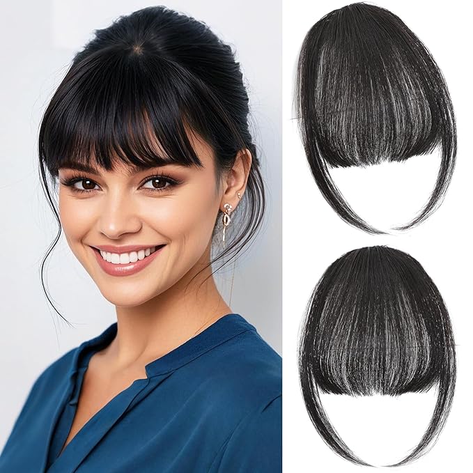 Clip in Bangs 100% Real Human Hair, Wispy Bangs Hair Clip, Fake Bang Fringe with Temples Hairpieces for Women Daily Wear (Black, Wispy Bangs)