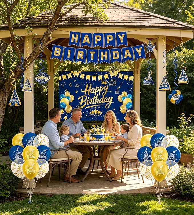 Blue Gold Birthday Decorations for Men Women | Pre-Strung Happy Birthday Banner - Image 4