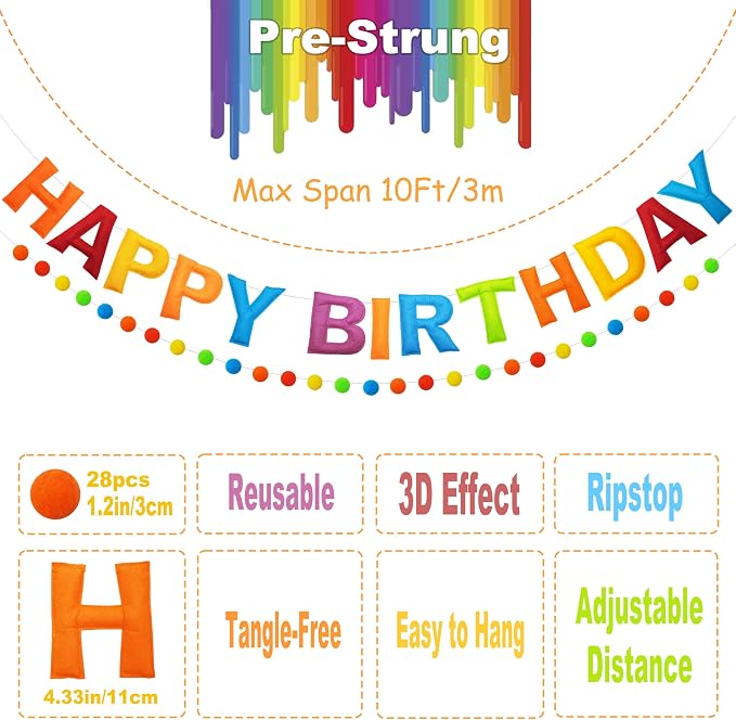 Pre-Strung 3D Felt Happy Birthday Banner, Retro Color Birthday Decorations | - Image 3