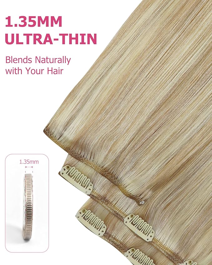 YoungSee 135G Clip in Human Hair Extension Blonde Highlight Clip in Hair Extensions Light Blonde Highlights Golden Blond Clip in Extensions Real Human Hair Dyable Remy Hair 16In 7Pcs