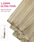 YoungSee Clip on Hair Extensions Blonde Highlight Clip in Human Hair Extensions Light Blonde Highlighted Golden Blond Clip in Extensions Real Human Hair for Women 18In 7Pcs 120G