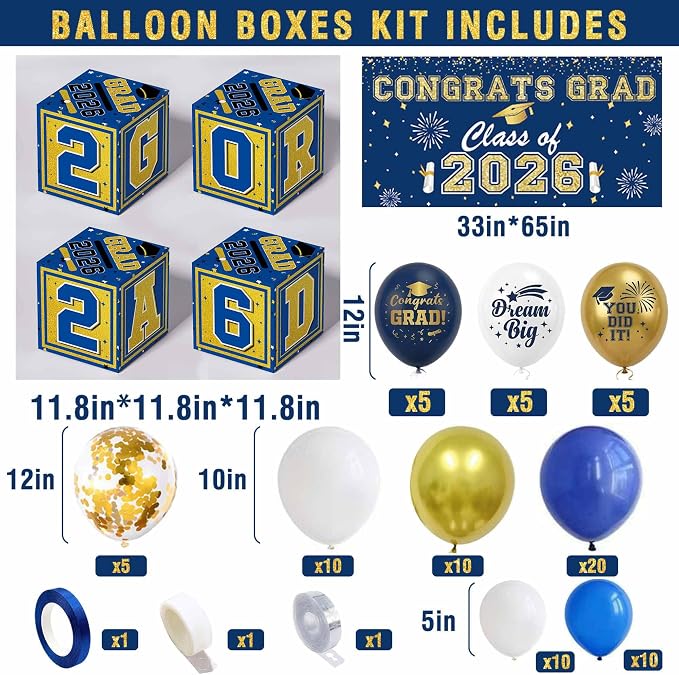Graduation Decorations 2026 Navy Blue and Gold Balloon Boxes, Class of 2026 - Image 2