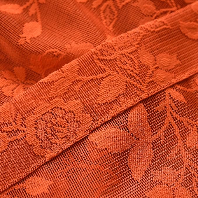 Burnt Orange Sheer Kitchen Curtains Leaf Floral W42 x L45 Inch 2 Panels | Rod - Image 6