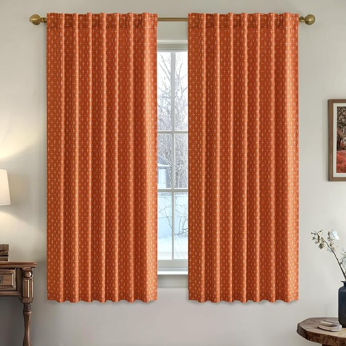 MIULEE Patterned Farmhouse Linen Curtains, Back Tab, Burnt Orange | Linen - Image 2
