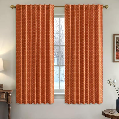 MIULEE Patterned Farmhouse Linen Curtains, Back Tab, Burnt Orange | Linen - Image 2