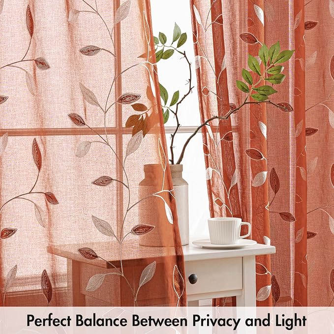 MIULEE Terracotta Sheer Fall Curtains 2 Panels Leaf Patterned, W52 x L45 | - Image 5
