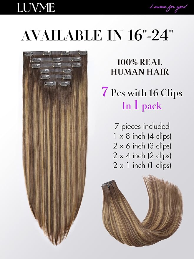 LUVME Straight Seamless 110g 7Pcs Clip in Hair Extensions Full Max with 16inch Remy Human Hair Extensions, Highlight Color 100% Real Soft Human Hair