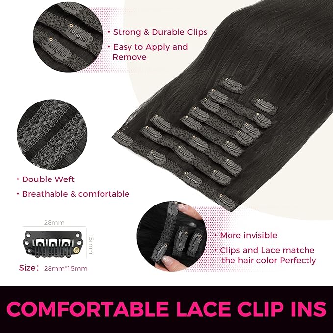 Lashey Clip in Hair Extensions, Straight 9pcs 150g Natural Black, 22 Inch Real Human Hair Thick Hair Extensions Clip ins for Black Women