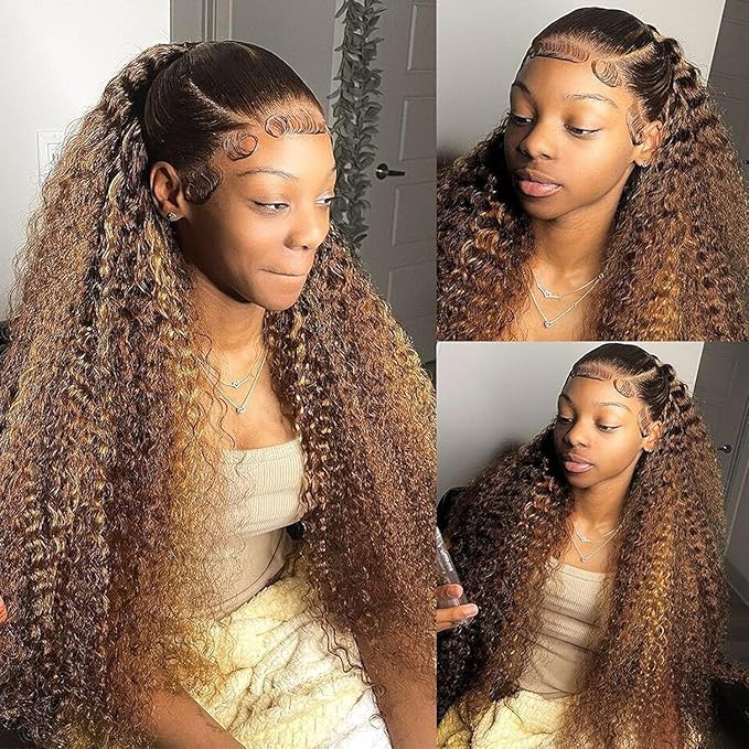 CYNOSURE 30 Inch 4/27 Highlight Deep Wave Lace Front Wigs Human Hair 13x5 Ombre Honey Blonde Jerry Curly Wig HD Transparent Lace Frontal Wigs Pre Plucked with Baby Hair 180% Density
