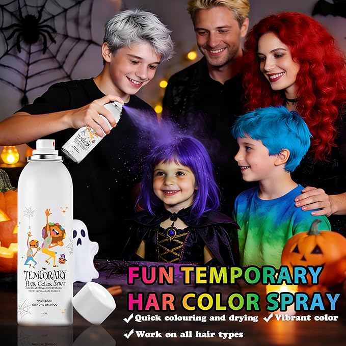 White Temporary Hair Color Spray for Kids, Silver Instant Colored Hair Dye Alternative for Boys Girls Teens Men Women, Quick Styling for Party Christmas Halloween, Disposable Washable, 150ml