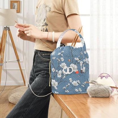 Blue Floral Butterfly Yarn Bag Small Crochet Bag Drawstring Yarn Storage - Image 6
