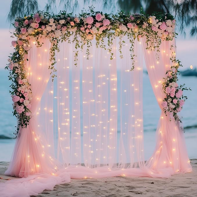 Tulle Backdrop Curtains with Lights Pink 10x8ft Sheer Curtain Backdrop | Tulle by Fomcet