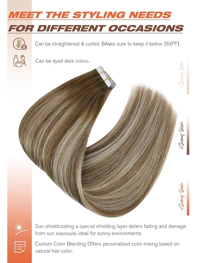 Sunny Hair Tape in Hair Extensions Medium Brown Balayage Blonde Tape in Hair Extensions Human Hair, 18 inch Remy Hair Extensions Tape in 20Pcs 50g