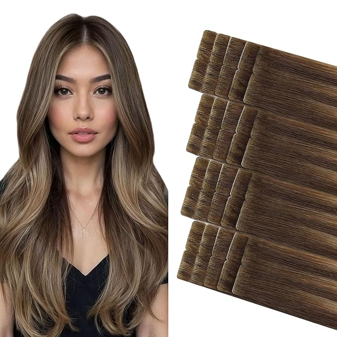 COOKAYU Invisible Tape in Extensions Human Hair, Medium Brown to Caramel Blonde 18Inch 40g 20pcs Injected Tape in Human Hair Straight Invisi Edge Extension