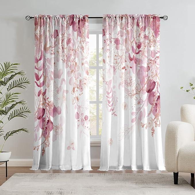 Pink Floral Leaf Sheer Curtains by GOLDLAWN