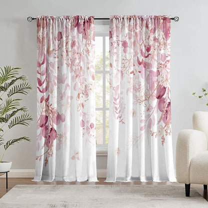 Pink Floral Leaf Sheer Curtains by GOLDLAWN