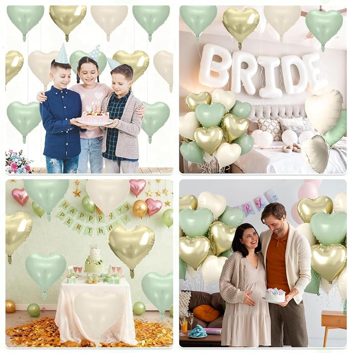 Sage Green Gold Heart Balloons, 18 Inch Olive Green Sand White Foil Balloons - Image 6