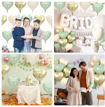 Sage Green Gold Heart Balloons, 18 Inch Olive Green Sand White Foil Balloons - Image 6