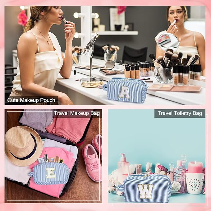YOOLIFE Initial Cosmetic Bag for Women - Monogram Cute Blue Makeup Bags Toiletry Pouch Make Up Case for Women Her Best Friend Friendship Sister Teacher, Personalized Birthday Gifts for Women P