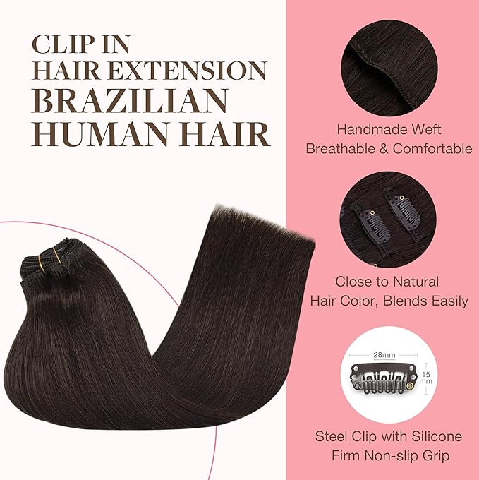 GOO GOO Clip in Hair Extensions Real Human Hair, Remy Human Hair Extensions Clip ins for Women, Natural Human Hair, 12inch 85g 7Pcs, 2A Light Brown